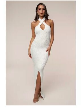 Jluxlabel Cortado ribbed Ivory Halter Knit Maxi Dress with Front Slit size small